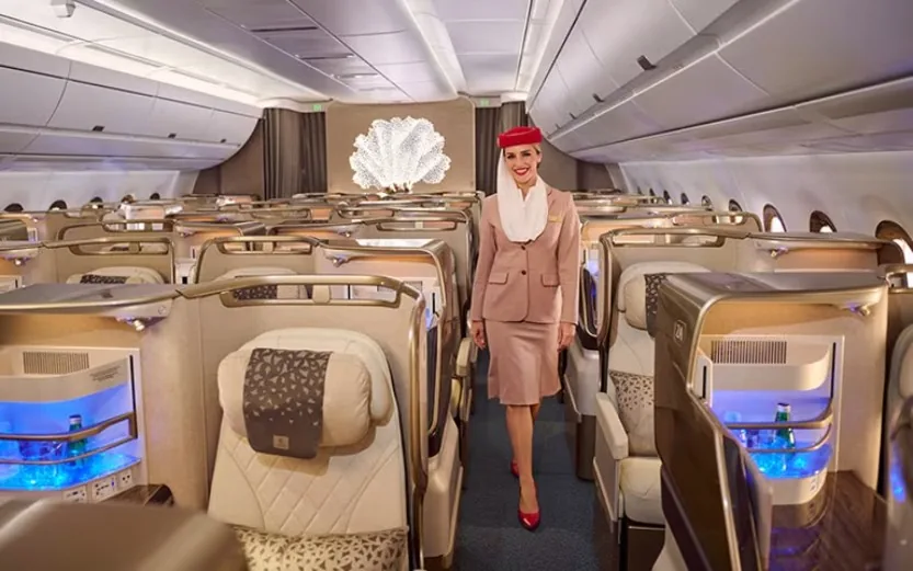 An Emirates Business Class cabin