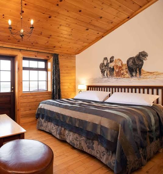 A timber-lined guest room with a painting of Icelandic horses above the bed