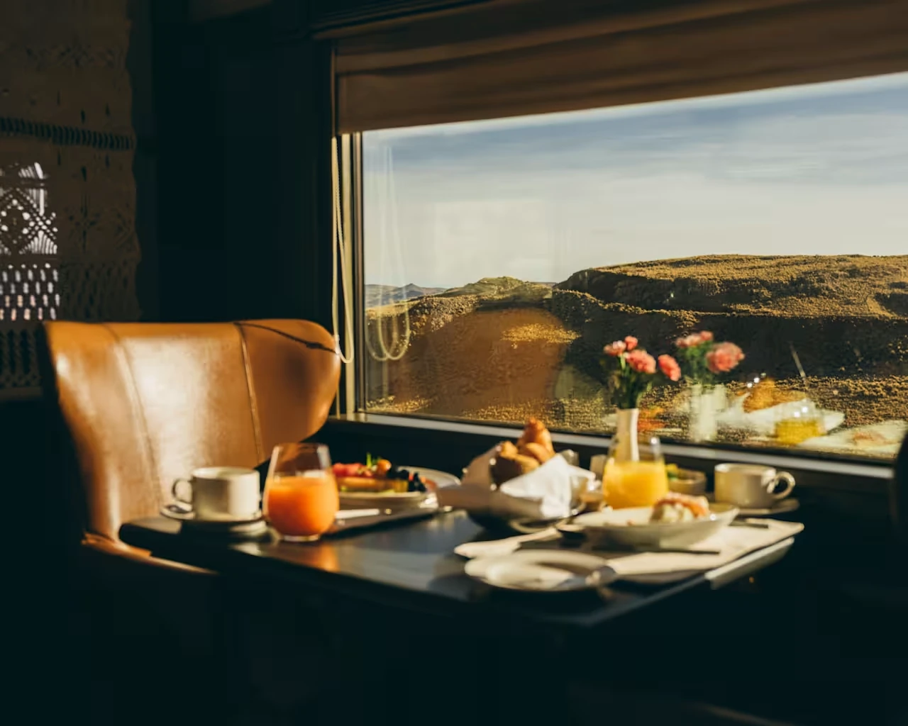 Breakfast in the dining car, the Andes passing the window