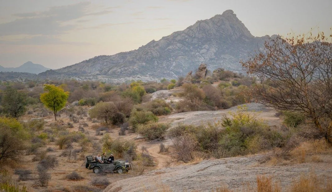 A safari vehicle among the granite hills of Jawai.