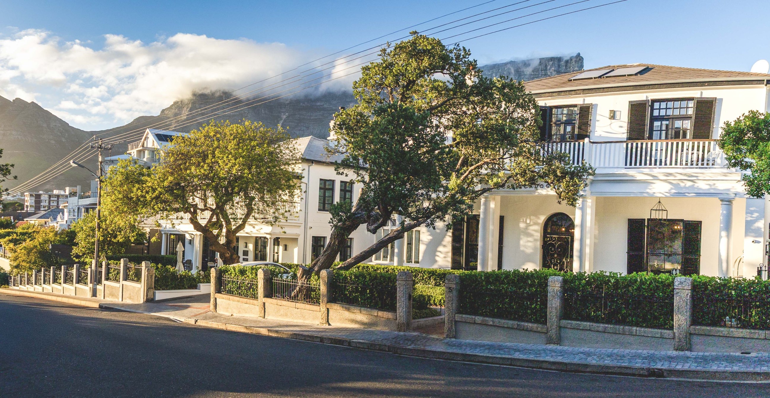 Cape Cadogan’s white façade on a leafy street in Gardens, Table Mountain behind