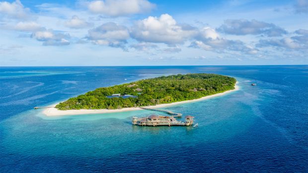 Aerial view of Kunfunadhoo, the jungle-covered island at Soneva Fushi
