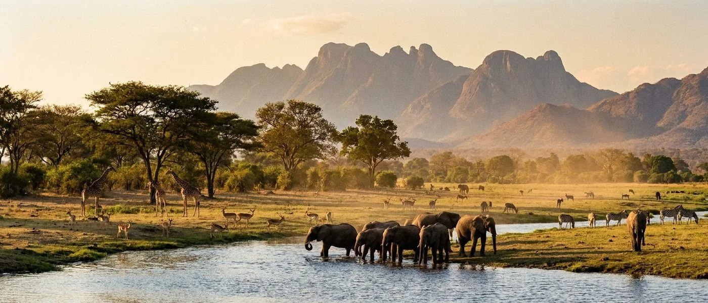 Elephants drinking at a waterhole beneath jagged mountains in Malawi
