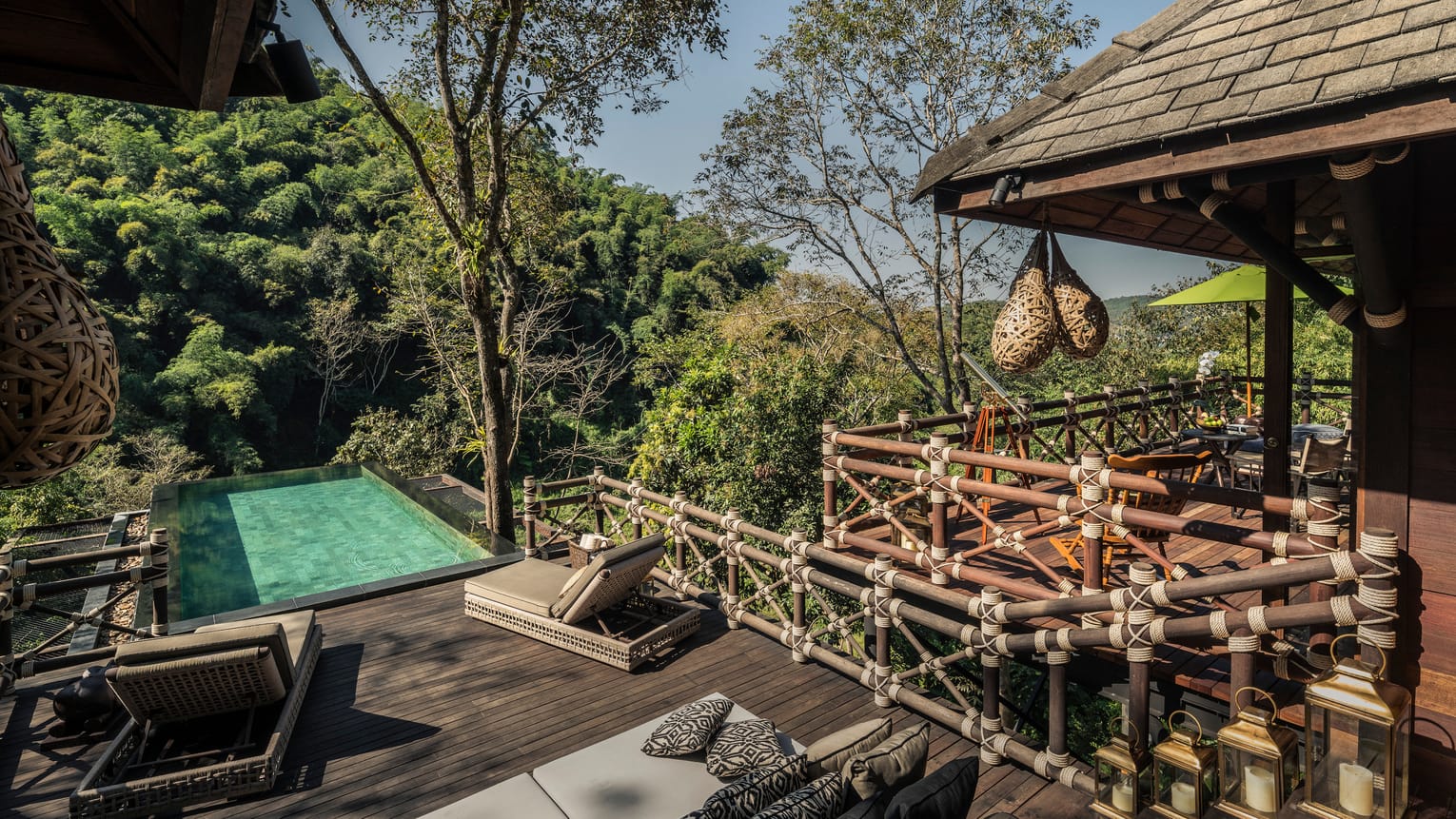 The Explorer’s Lodge terrace and private infinity pool above the bamboo canopy