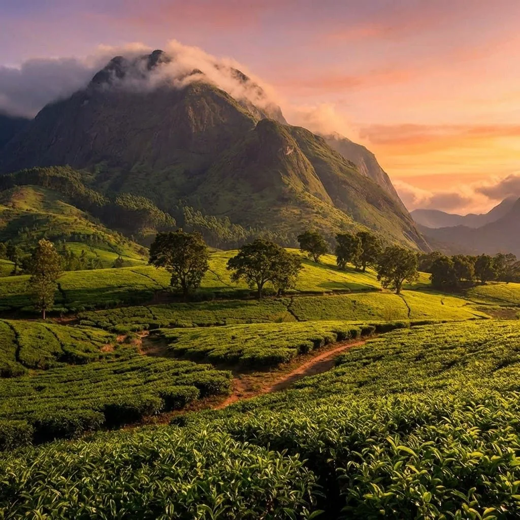Tea estates beneath the mountains at sunset.