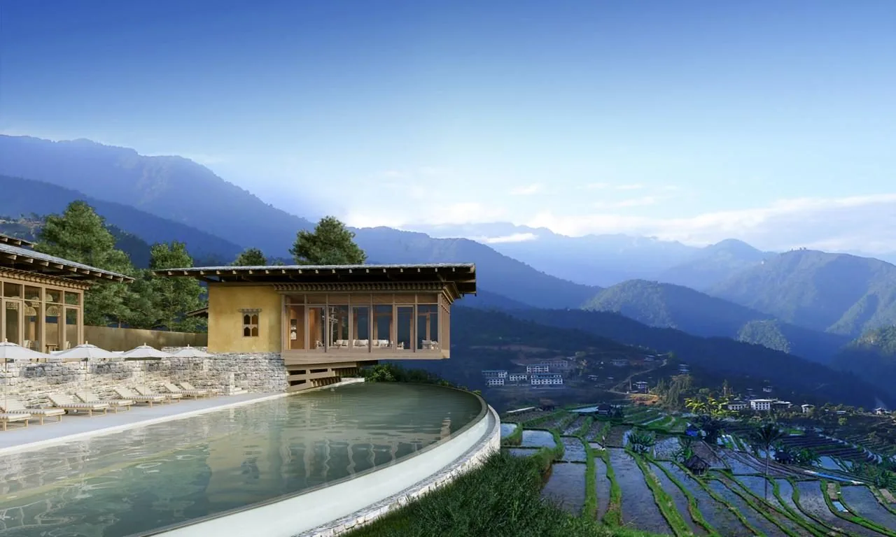 The Flying Farmhouse and pool above the rice terraces at Six Senses Punakha