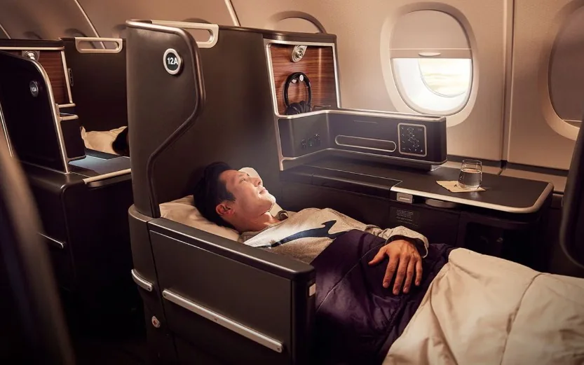 A Qantas A380 Business suite in lie-flat mode