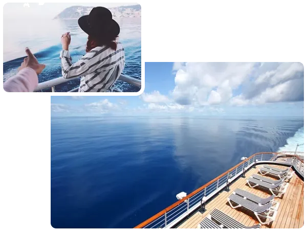 A traveller at a ship's rail and a sun deck overlooking calm blue sea