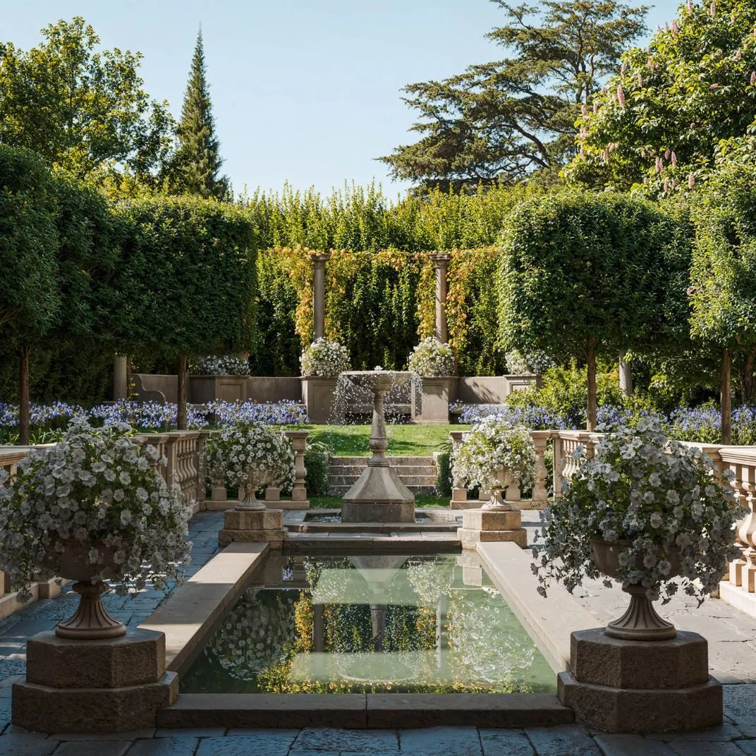 Fountains and formal gardens.