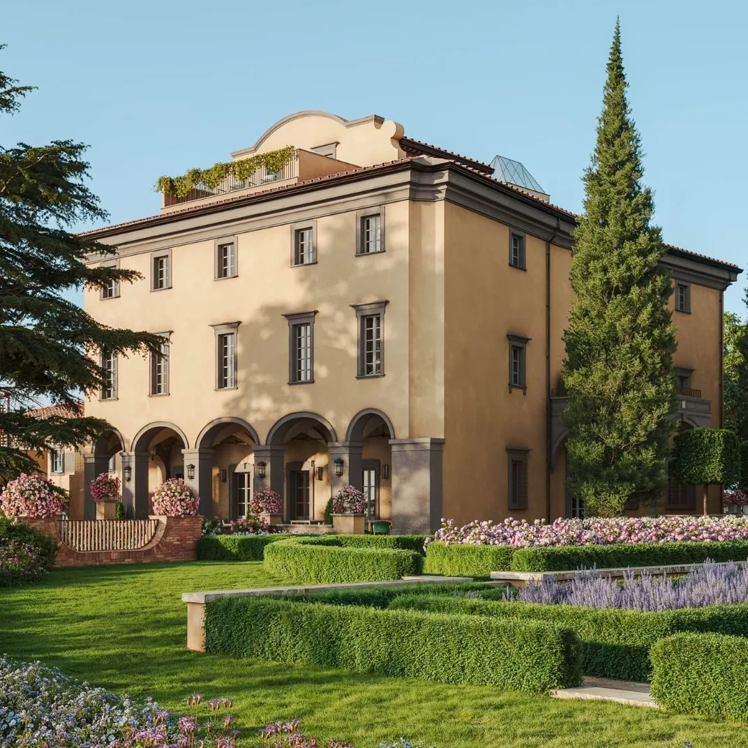 The main villa at Borgo Pignano Florence above formal gardens