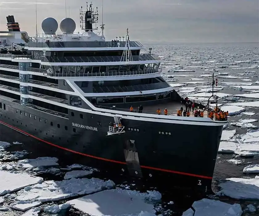 Seabourn Venture pushing through polar sea ice